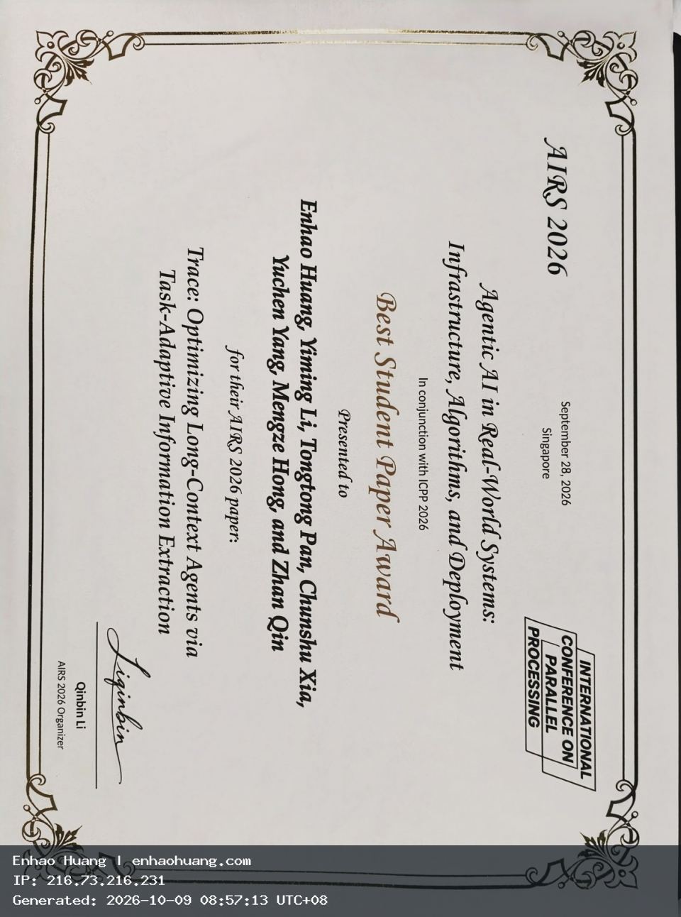 AIRS 2026 Best Student Paper Award certificate for Trace